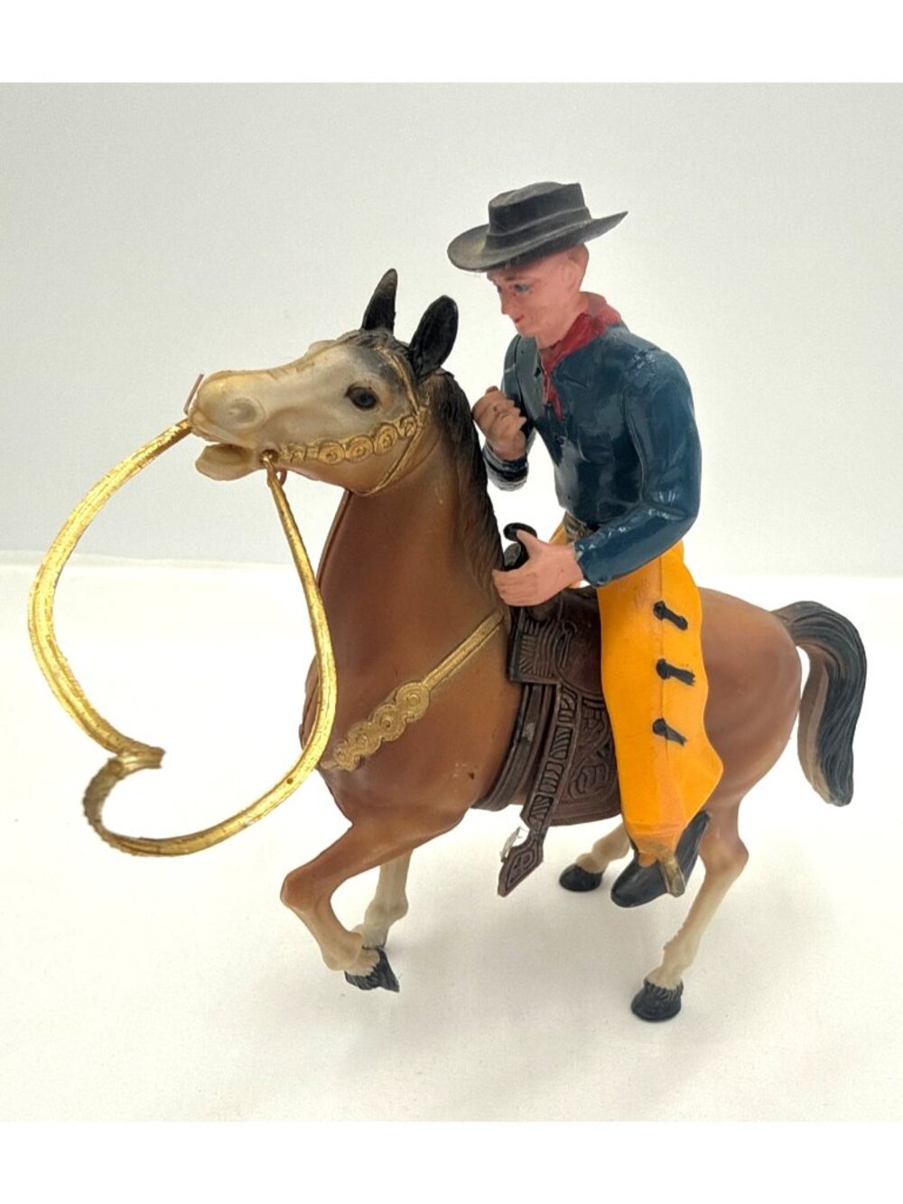 Vtg Cowboy & Horse Plastic Figurine Removable Rider & Gold Lasso 7.5" Tall Colle
